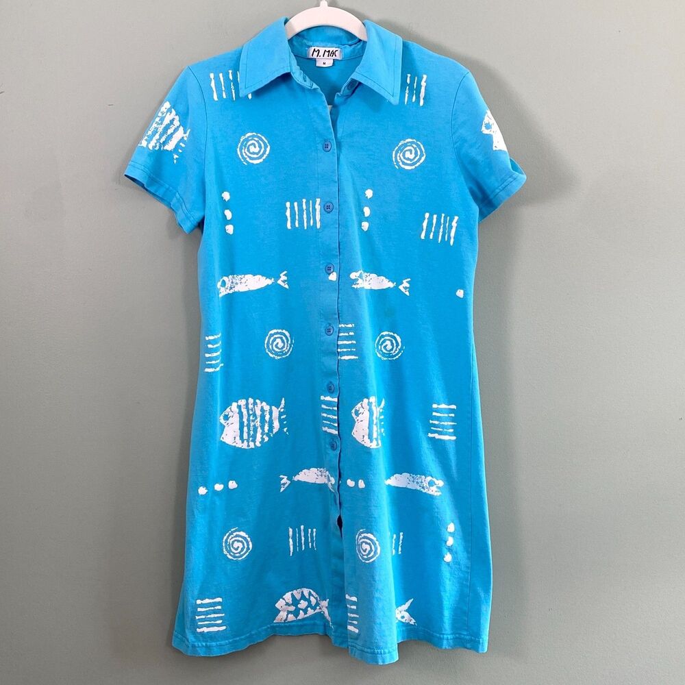 M Mac Cotton Shirt Dress Womens Medium Blue Fish Coastal Tropical Artsy